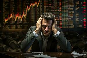 économique crise. les stocks sont chute, triste inquiet homme d'affaire en portant le sien tête contre le Contexte de une graphique de chute les stocks photo