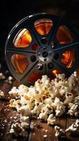 film bobine et pop corn sur rustique Contexte photo