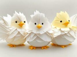 Pâques poussins dans origami style isolé sur une blanc Contexte. Pâques des œufs et poulets fabriqué de papier sur une blanc Contexte. photo