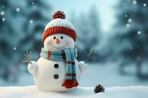 mignonne peu bonhomme de neige dans une la laine chapeau et foulard. Nouveau année, Noël hiver concept, génératif ai photo