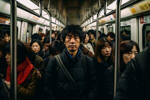 asiatique fatigué homme dans une bondé métro train parmi une foule de gens photo