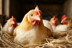 fermer de une poule dans une poulet coopérative éclosion des œufs sur paille photo