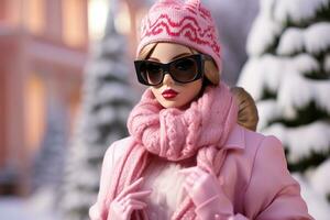 magnifique poupée avec blond cheveux dans des lunettes de soleil et une rose veste et chapeau, sur une hiver rue photo