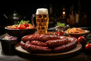 juteux Munich saucisses, une verre de du froid Bière et savoureux collations photo