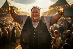 content graisse gars avec deux des tasses de Bière sur une Bière festival, génératif ai photo