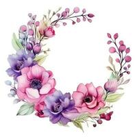 aquarelle floral couronne avec rose et violet fleurs photo