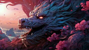 fantastique dragon dans dessin animé style, fantastique personnage, coloré brillant fond.ai génératif art photo