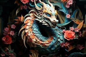 Japonais dragon, dans le style de détaillé multicouche compositions, fermer, coloré brillant Contexte. ai génératif art photo