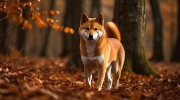 mignonne marron Orange blanc shiba inu chien en jouant et en marchant dans le les bois, supporter et Regardez à le caméra, la nature Contexte. ai généré photo