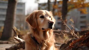 proche en haut magnifique blond d'or retriever chien s'asseoir, à la recherche et regarder à quelque chose avec ville parc Contexte. ai généré photo