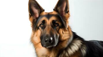 proche en haut marron noir vieux allemand berger chien rester, regard et Regardez à quelque chose, chien garde, studio coup blanc Contexte. ai généré photo