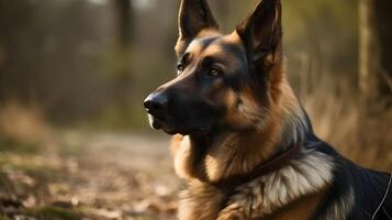 marron noir vieux allemand berger chien asseoir regard et Regardez à quelque chose, en jouant dans le les bois la nature Contexte. ai généré photo