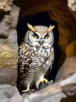 proche en haut hibou dans une la grotte à forêt photo