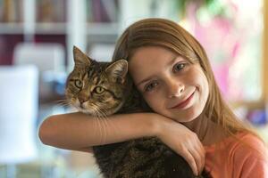 portrait de souriant fille avec sa tigré chat photo