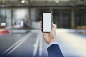 fermer de homme d'affaire en portant cellule téléphone dans usine photo