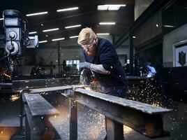 soudeur en utilisant circulaire broyeur tandis que travail à usine photo