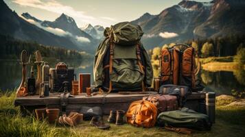 Extérieur aventures. randonnée et camping équipement photo