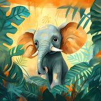 mignonne l'éléphant dans le tropical jungle, pour livre d'histoires, les enfants livre, affiche, anniversaire élément, invitation carte etc. photo