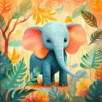 mignonne l'éléphant dans le tropical jungle, pour livre d'histoires, les enfants livre, affiche, anniversaire élément, invitation carte etc. photo