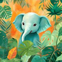 mignonne l'éléphant dans le tropical jungle, pour livre d'histoires, les enfants livre, affiche, anniversaire élément, invitation carte etc. photo