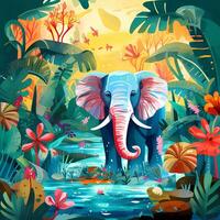 mignonne l'éléphant dans le tropical jungle, pour livre d'histoires, les enfants livre, affiche, anniversaire élément, invitation carte etc. photo