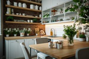 intérieur de lumière cuisine avec la lessive machine, compteurs et à manger table génératif ai photo