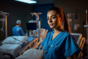 infirmière femme et médecin femme permanent dans hôpital pièce génératif ai photo