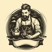 Masculin barista illustration café magasin logo noir et blanc produire ai photo