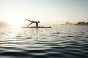 femme pratiquant pagayer planche yoga sur Lac kirchsee dans le matin, mal toelz, Bavière, Allemagne photo