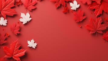 content 1er de juillet Canada journée célébrer. Haut vue plat allonger de nationale érable feuilles, rouge, blanc étoiles sur blanc Contexte avec vide espace pour texte génératif ai photo