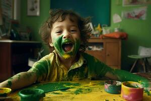 espiègle enfant vert peindre. produire ai photo