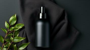 noir peau se soucier bouteille produit et fleur sur neutre Contexte ai génératif photo