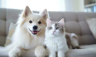 dans une serein vivant chambre, deux adorable animaux domestiques, une chien et une chat. ai génératif photo