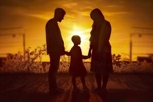 ombre de content famille ensemble, Parents avec leur peu bébé à le coucher du soleil. une silhouette de l'amour et unité. ai génératif photo