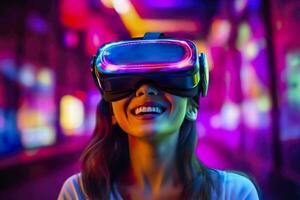 portrait de une souriant femme dans décontractée vêtements portant virtuel réalité lunettes, et jouant, néo lumière, flou néo Couleur arrière-plan, ai génératif photo
