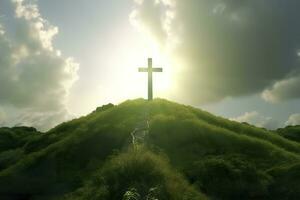 le traverser de Dieu avec vert feuille, dans le des rayons de le Soleil et bleu ciel. traverser sur le colline avec vert des arbres et vert Naturel voir. religieux concept, ai génératif photo