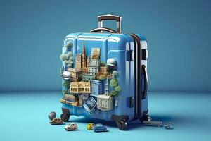 bleu valise plein de Repères et Voyage accessoires sur bleu Contexte. génératif ai photo