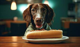 chien à propos à se livrer dans une chaud chien traiter. établi avec ai photo