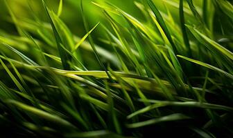 Frais luxuriant vert herbe sur Prairie avec gouttes de l'eau rosée. fermer macro. génératif ai outils photo