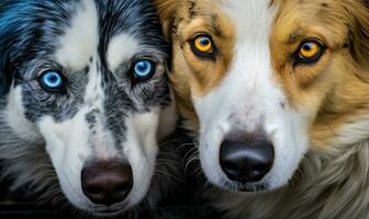 dans une proche syndicat, deux chiens vitrine une frappant contraste de bleu et or yeux. ai génératif. photo