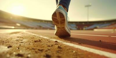 coureur pieds fonctionnement sur une stade, fermer sur pieds, des sports arrière-plan, espace pour copie, ai génératif photo