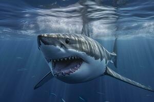 le Roi de le océan, le génial blanc Masculin requin chasseur sous-marin voir, guadalupe île, Mexique. ai génératif photo