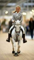 une fille performant une dressage routine avec sa loisir d'équitation photo