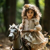 une fille équitation une loisir d'équitation par une forêt photo