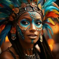 coloré masques et plumes orner danseurs à Rio carnaval photo