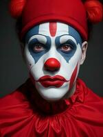 mime homme rouge, jaune, vert, rose, bleu et coloré peindre visage sportif ventilateur pitre cirque portrait art, ai généré photo