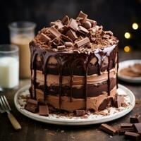 imposant Chocolat truquer gâteau avec Chocolat Glaçage et Chocolat boucles photo