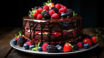 décadent Chocolat gâteau avec dégoulinant ganache et Frais baiesz photo