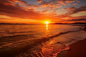 beauté de une d'or le coucher du soleil sur une silencieux plage, avec chaud couleurs réfléchi dans le calme des eaux, ai généré photo