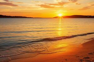 beauté de une d'or le coucher du soleil sur une silencieux plage, avec chaud couleurs réfléchi dans le calme des eaux, ai généré photo